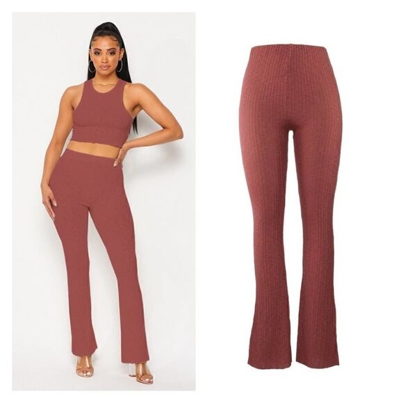 NEW Ribbed knit flared pants high waisted long rust Cotton Blend by AGRADE - Picture 1 of 5